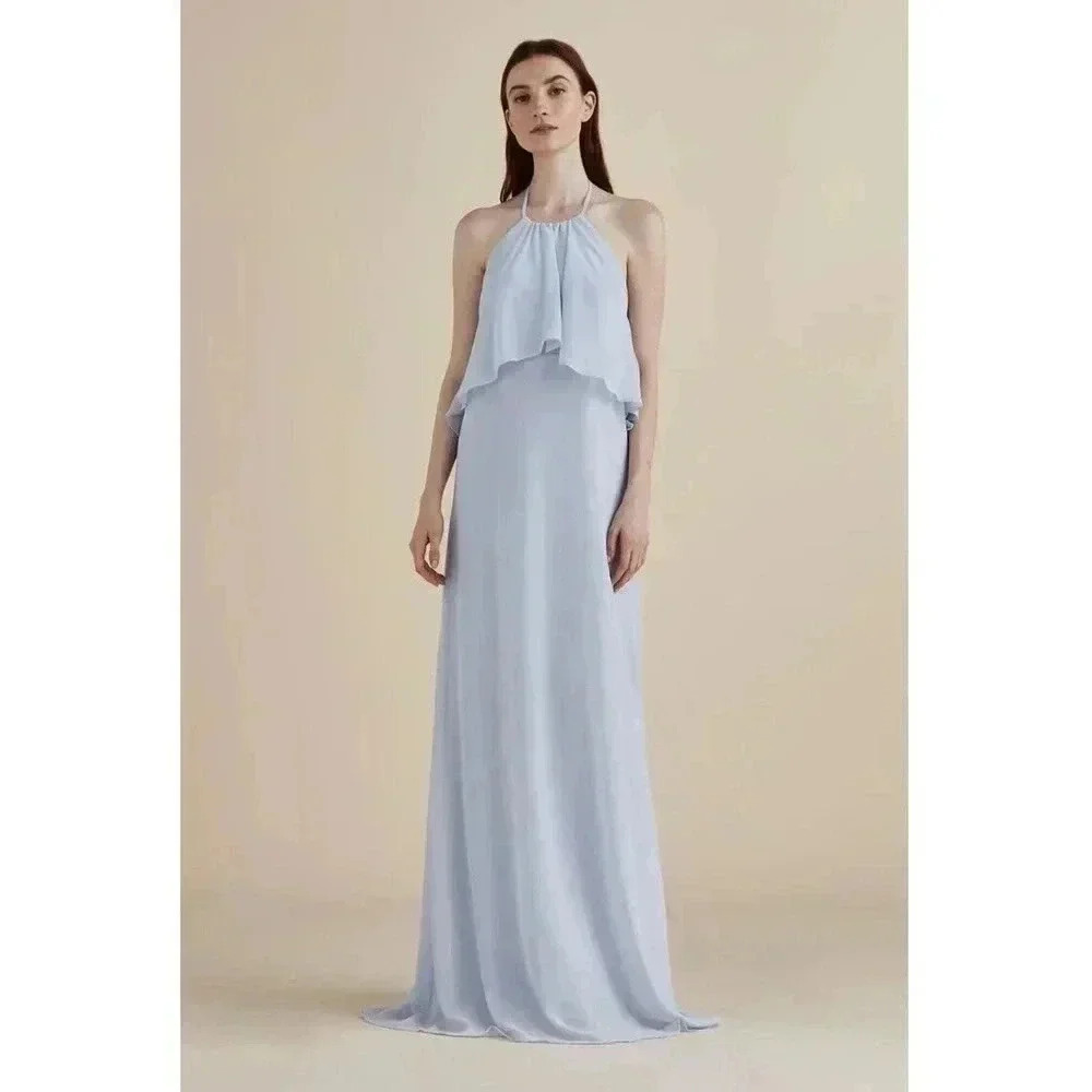 Nouvelle Amsale Cait Chiffon Halter Light Blue Maxi Gown Dress Sz XS Bridesmaid